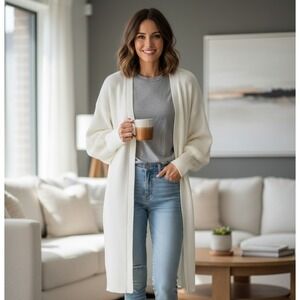 Murmurey Long Ribbed Cuffs Sleeve Open-Front Cardigan Women's Medium White